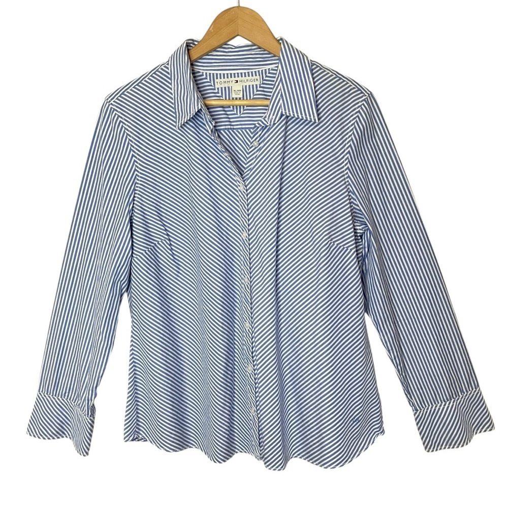 TOMMY HILFIGER Blue & White‎ Pinstripe Button-Down Dress Shirt, XL